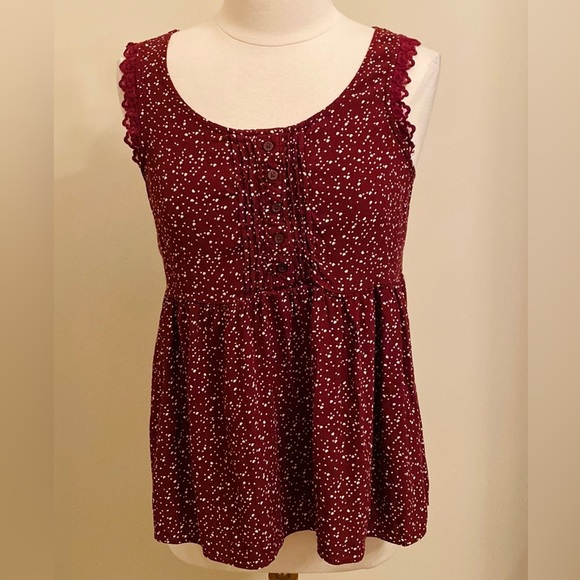 LC Lauren Conrad Burgundy White Dot Lace Trim Sleeveless CottageCore Tank Top M - Picture 1 of 12